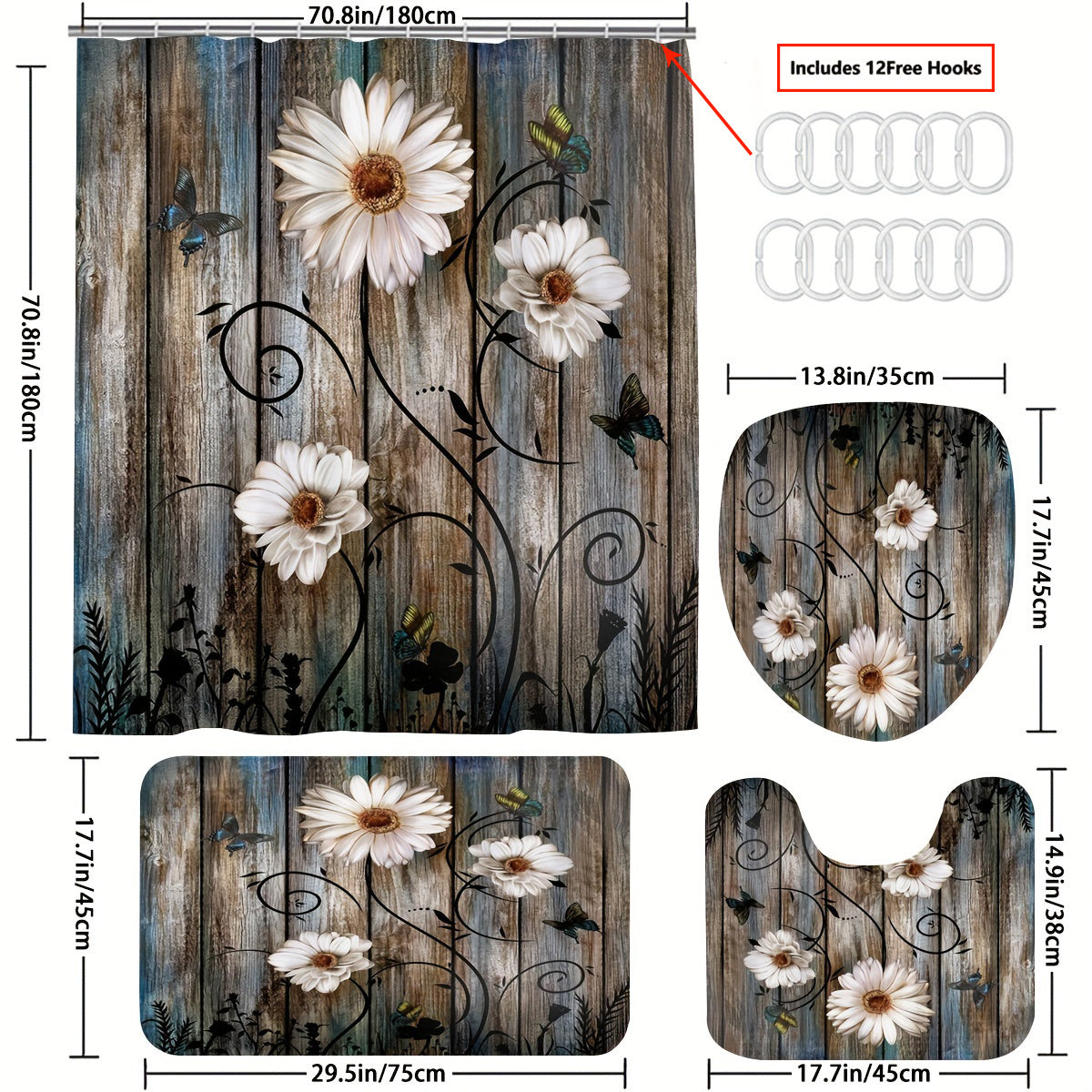 Non Slip Wooden Shower Curtain Set with 12 Hooks and Bathroom Decor