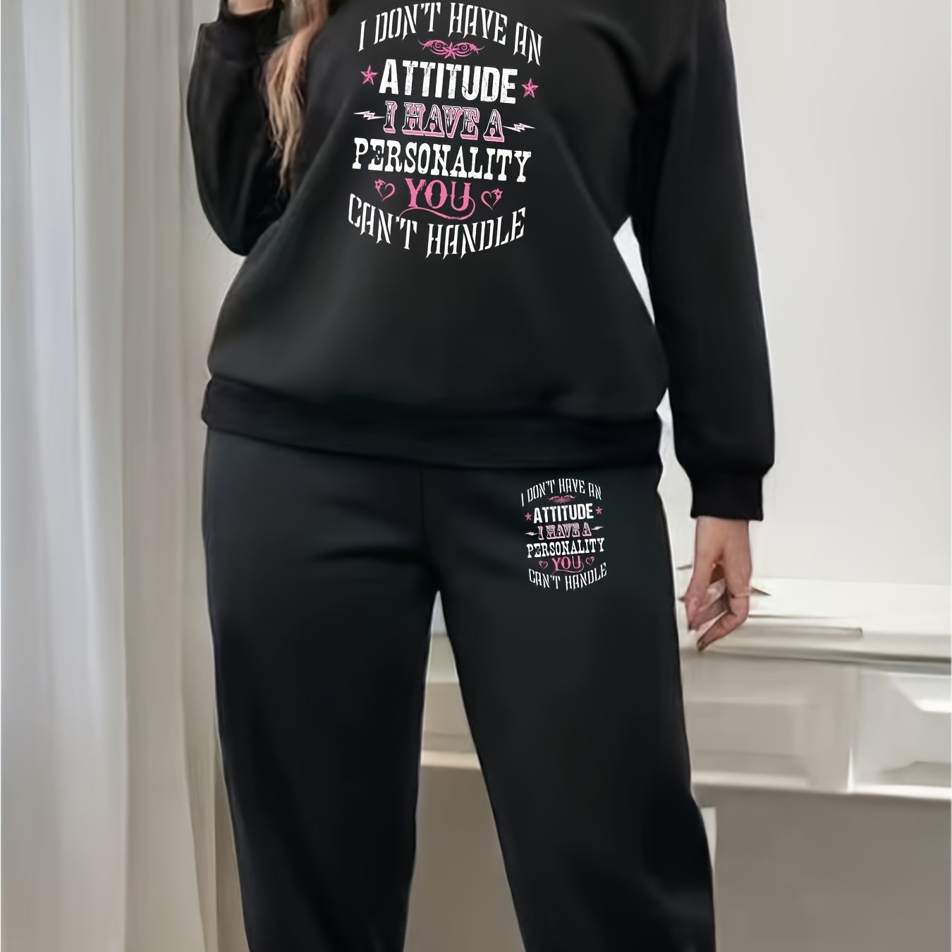 Women's Plus Slogan Print Fleece Sweatshirt & Jogger Sweatpants Set