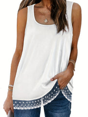 Casual Tank Top Solid Contrast Lace Square Neck Medium Stretch
