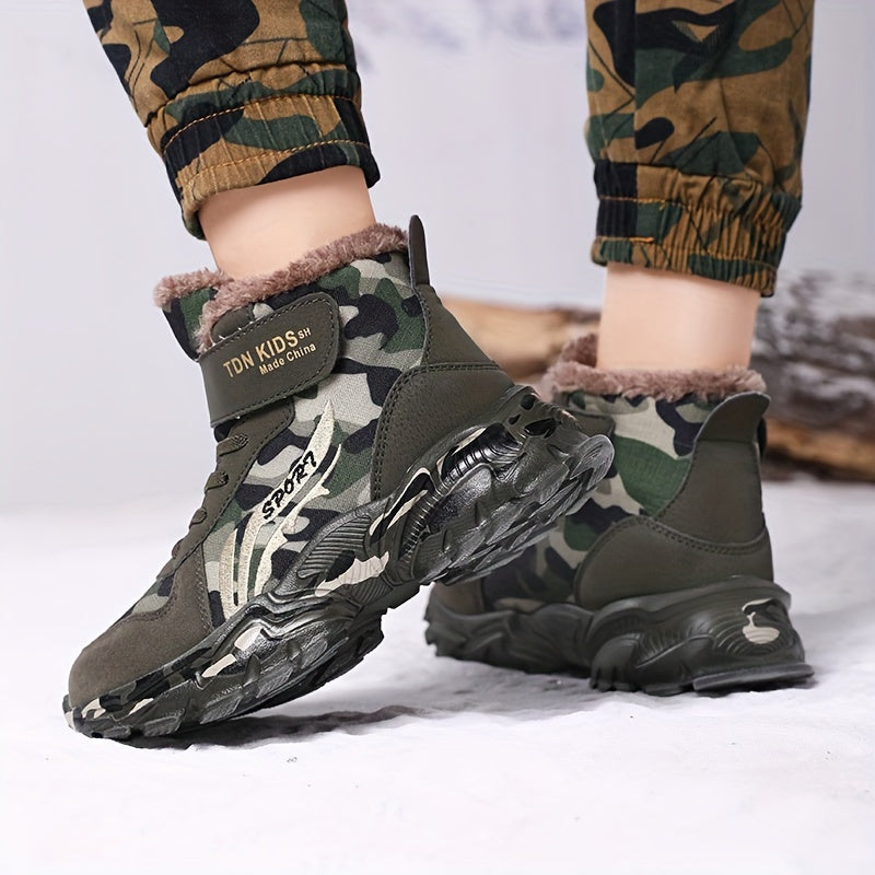 Boy's High Top Camo Hiking Boots Plush Lining Warm Non Slip