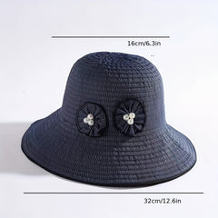 Striped Sun Hat Faux Pearl Wide Brim UV Protection Bucket Hat