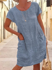 Round Neck Pocket Dress Casual Solid Short Sleeve Knee Length Dresses Women