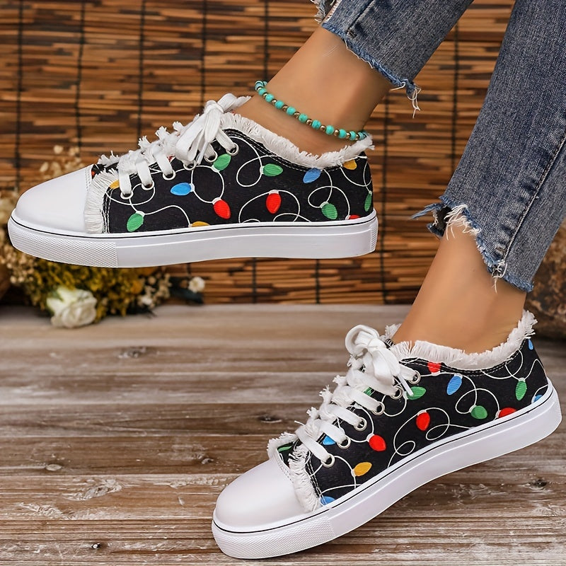 Women's Colorful Printed Lace up Low Flat Shoes Lightweight Casual Sports Shoes