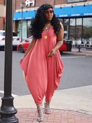 Solid Spaghetti Harem Jumpsuit Casual Ruffle Trim Sleeveless Baggy Jumpsuit