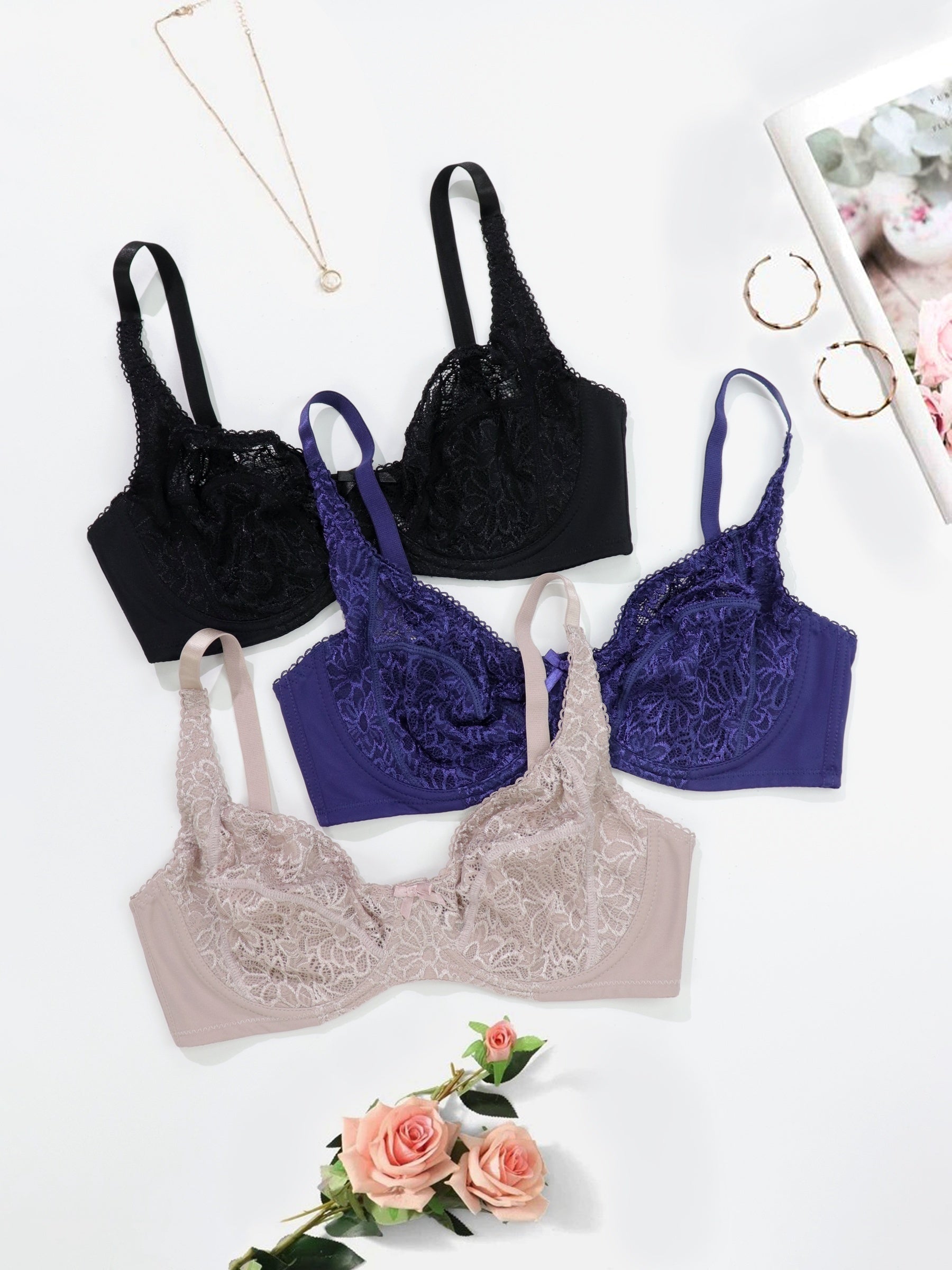 3pcs Lace Unlined Bras Semi-Sheer Intimates Women's Lingerie