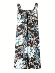 Floral Print Button Decor Romper With Pockets