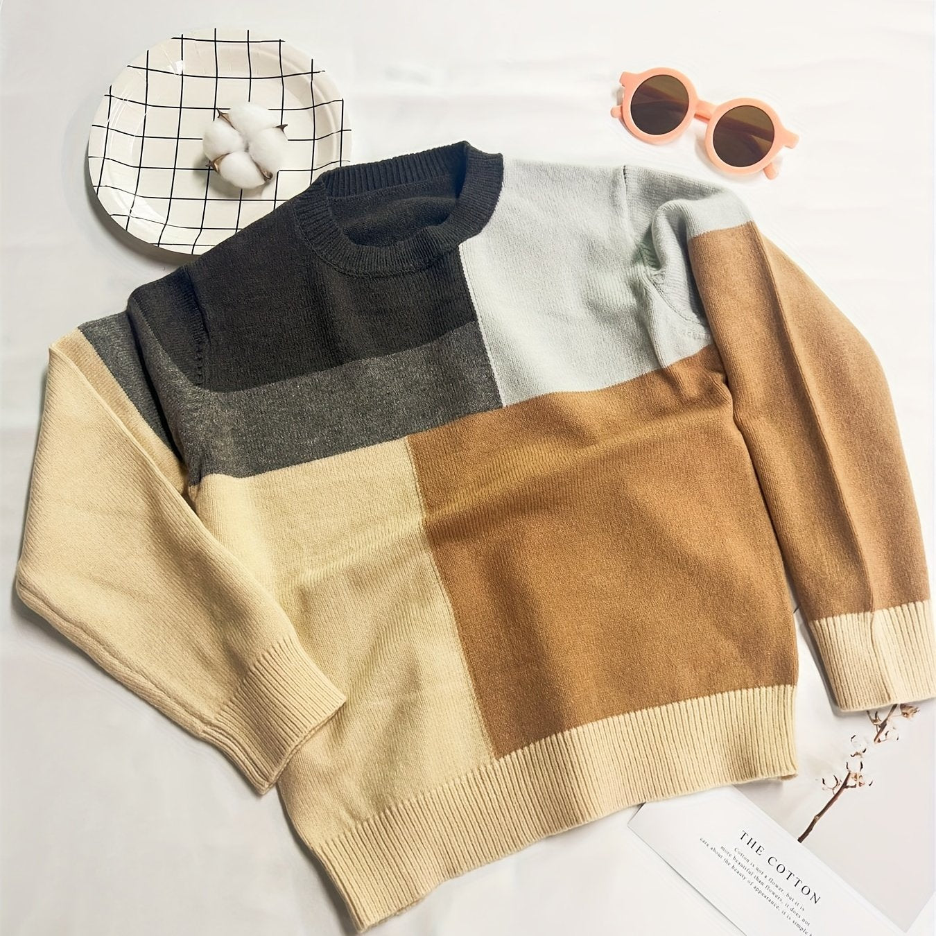 Boys Block Sweater Round Neck Stretch Knit Pullover Top
