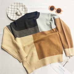 Boys Block Sweater Round Neck Stretch Knit Pullover Top
