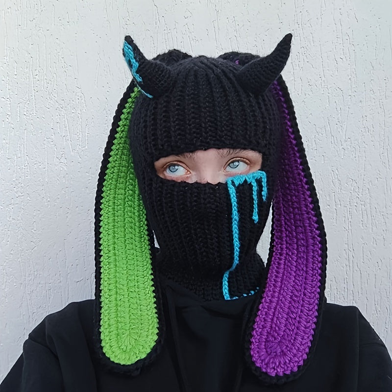 Rabbit Ears Horn Balaclava Knitted Hat for Winter