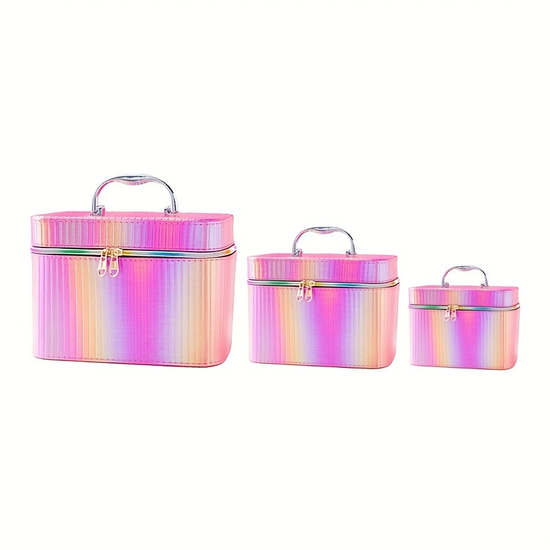 3pcs Striped Makeup Travel Case Cosmetic Organizer Bag With Handle & Mirror
