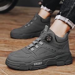 Men's Solid PU Leather Ankle Boots with Rotary Buckle