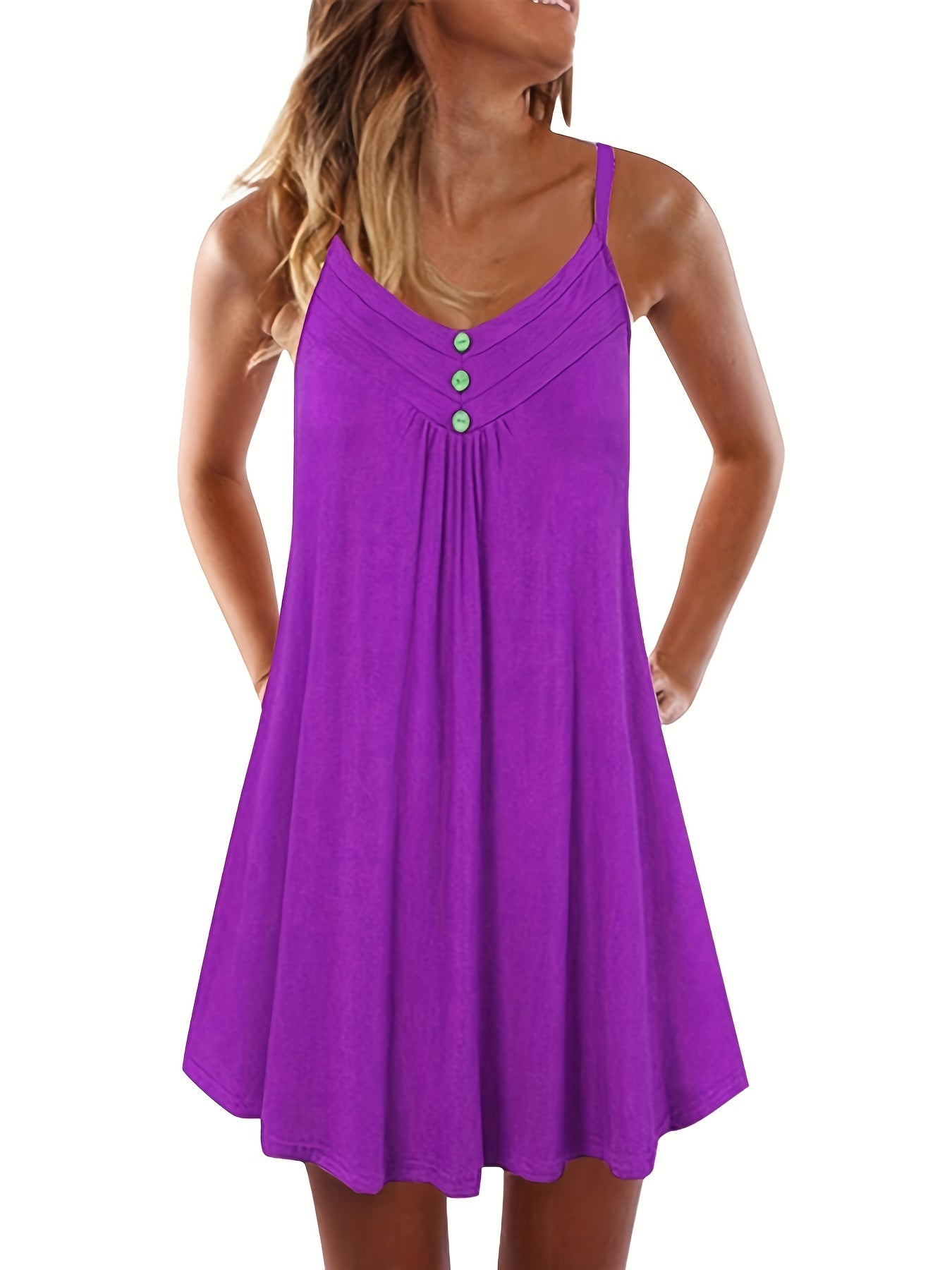 Pleated Spaghetti Dress V Neck Button Front Sleeveless Summer Dress
