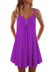 Pleated Spaghetti Dress V Neck Button Front Sleeveless Summer Dress