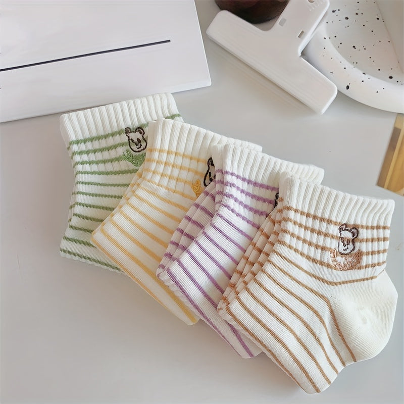 4 Pairs Stripe & Bear Pattern Socks Ribbed Short Socks Women's Stockings
