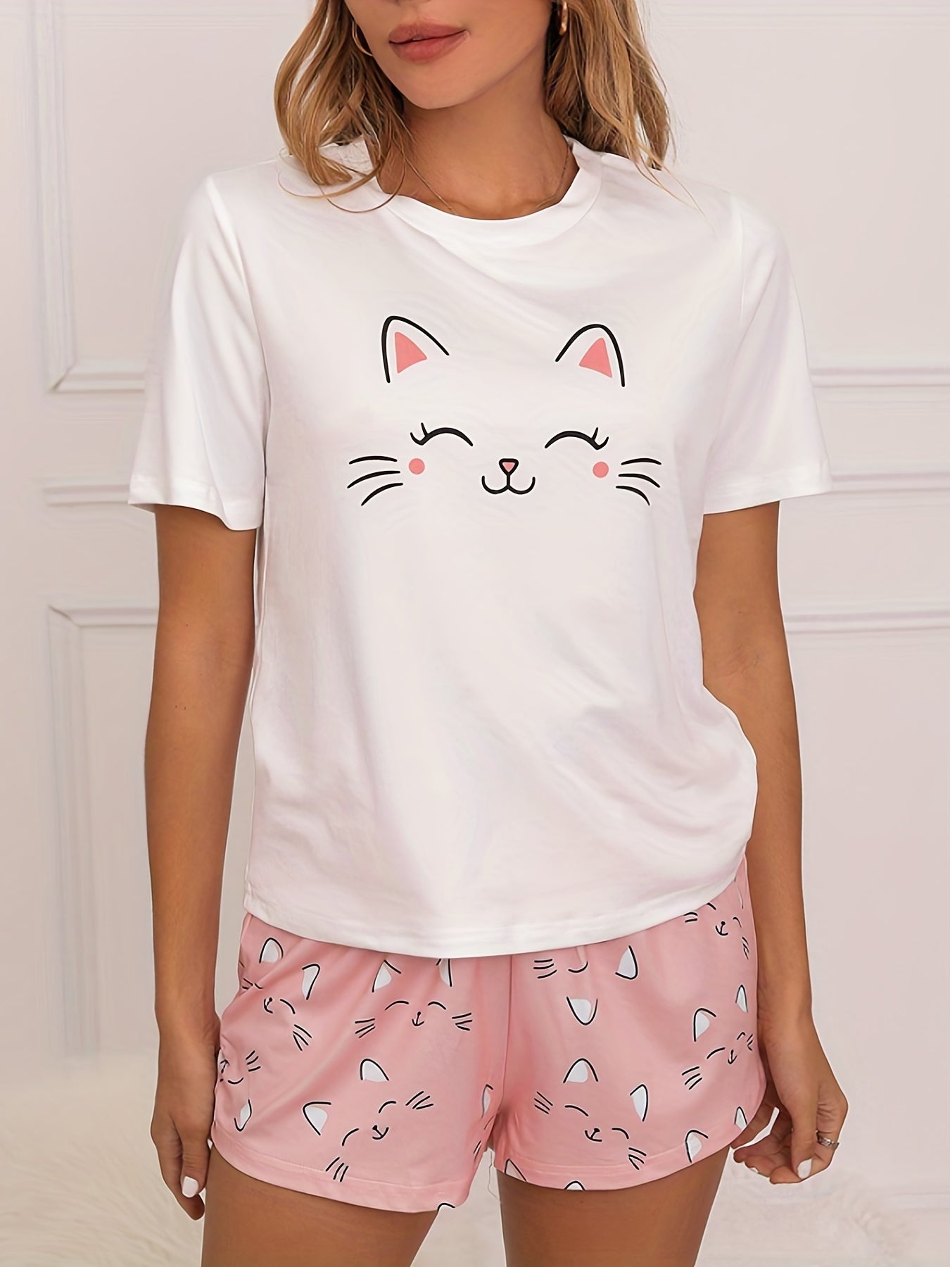 Cat Print Lounge Set Top & Shorts Lace Up Women's Pajamas