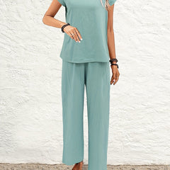Solid Casual Two Piece Set Crew Neck Short Sleeve Tops & Elastic Waist Wide Leg