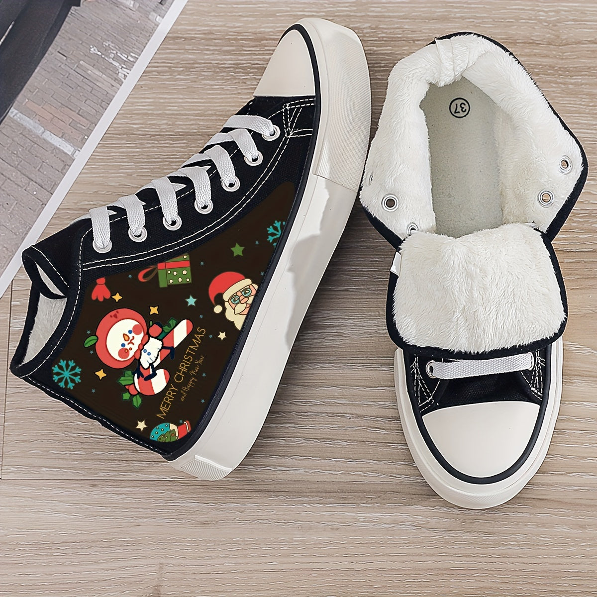 Christmas Cartoon Print Plush Lined Thermal Chunky Canvas Sneakers