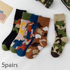5 Pairs Boys Camo Crew Socks for Spring Autumn