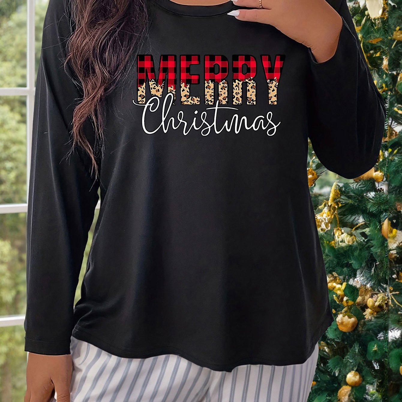 Christmas Long Sleeve Round Neck Sleepwear Top