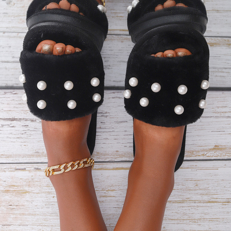 Fuzzy Bedroom Slippers Ladies Shoes with Faux Pearl Decor