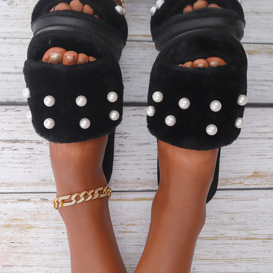Fuzzy Bedroom Slippers Ladies Shoes with Faux Pearl Decor