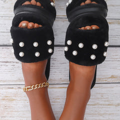 Fuzzy Bedroom Slippers Ladies Shoes with Faux Pearl Decor