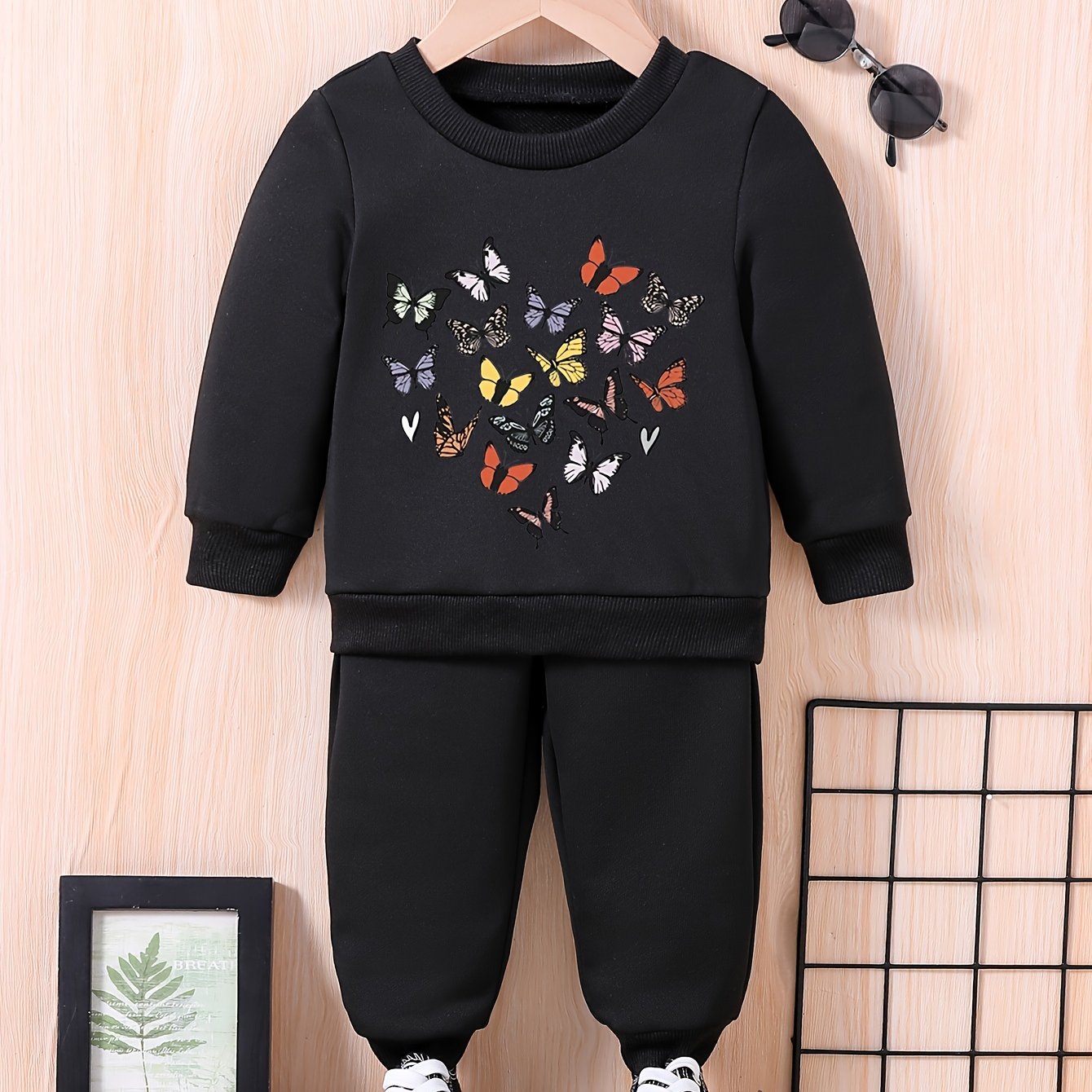 Kids Butterfly Graphic Outfit Baby Trousers Sweatshirt Set