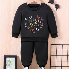 Kids Butterfly Graphic Outfit Baby Trousers Sweatshirt Set