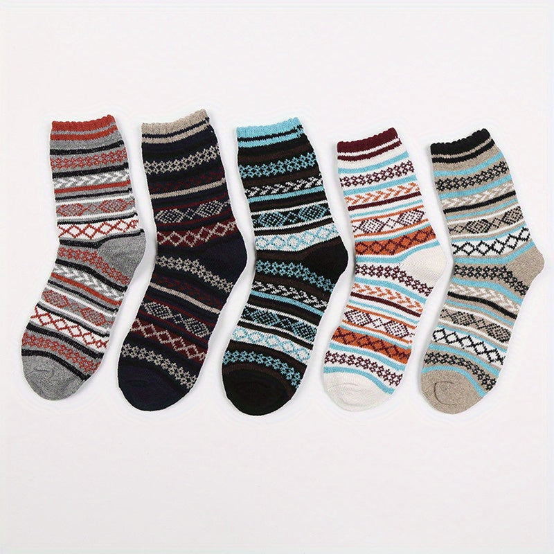5 Pairs Men's Geometric Wave Pattern Socks Thick Warm Mid calf