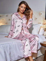 Heart & Eyelash Print Pajama Set Long Sleeve Lapel Button Top & Elastic Waist