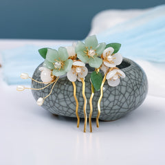 Green Glass Flower Leaves Crystal Faux Pearl Hair Comb Vintage Bridal Jewelry