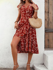 Floral Print V Neck Slim Dress Casual for Spring & Fall