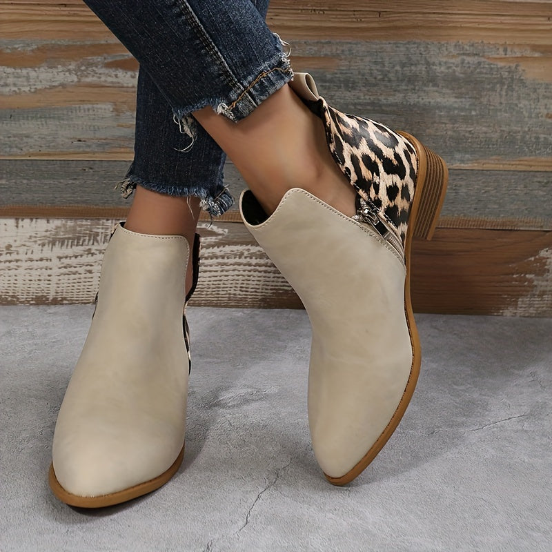Leopard Pattern Chunky Boots Pointed Toe Side Zipper Short Boots