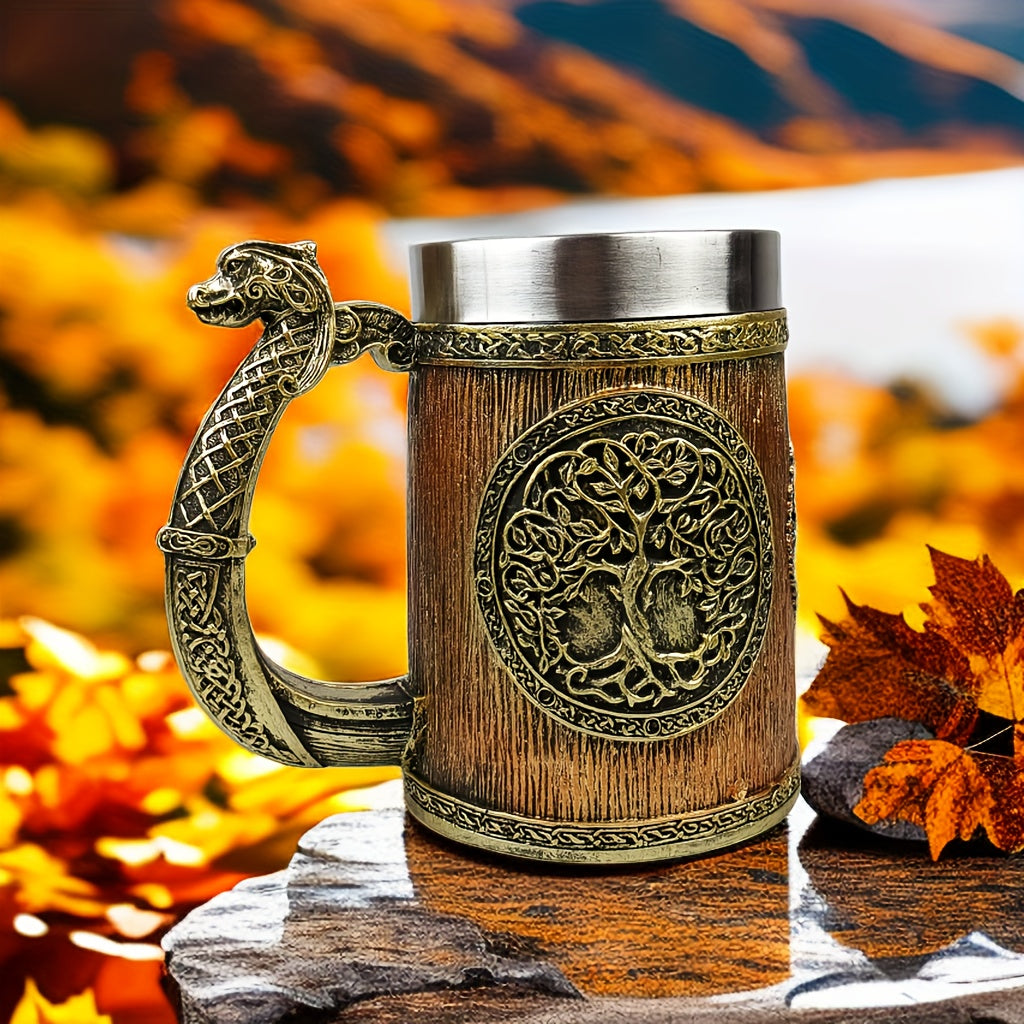 Yggdrasil Tree of Life Steel Coffee Mug Insulated with Serpent Handle