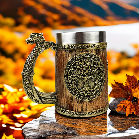 Yggdrasil Tree of Life Steel Coffee Mug Insulated with Serpent Handle