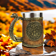 Yggdrasil Tree of Life Steel Coffee Mug Insulated with Serpent Handle