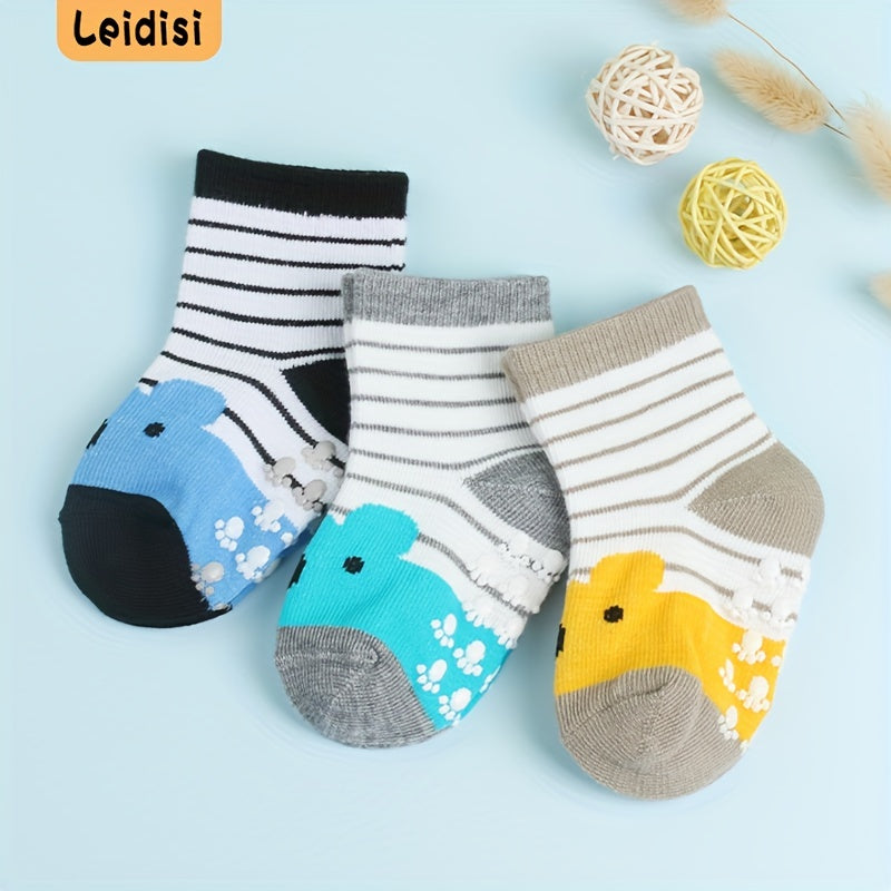 3 Pairs Baby Boys Anti-Skid Striped & Koala Bear Pattern Socks
