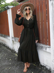 Plus Size Solid Button Lantern Sleeve V Neck Maxi Smock Dress