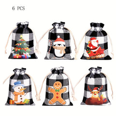 6pcs Christmas Plaid Cotton Drawstring Gift Bag for Candy Packaging
