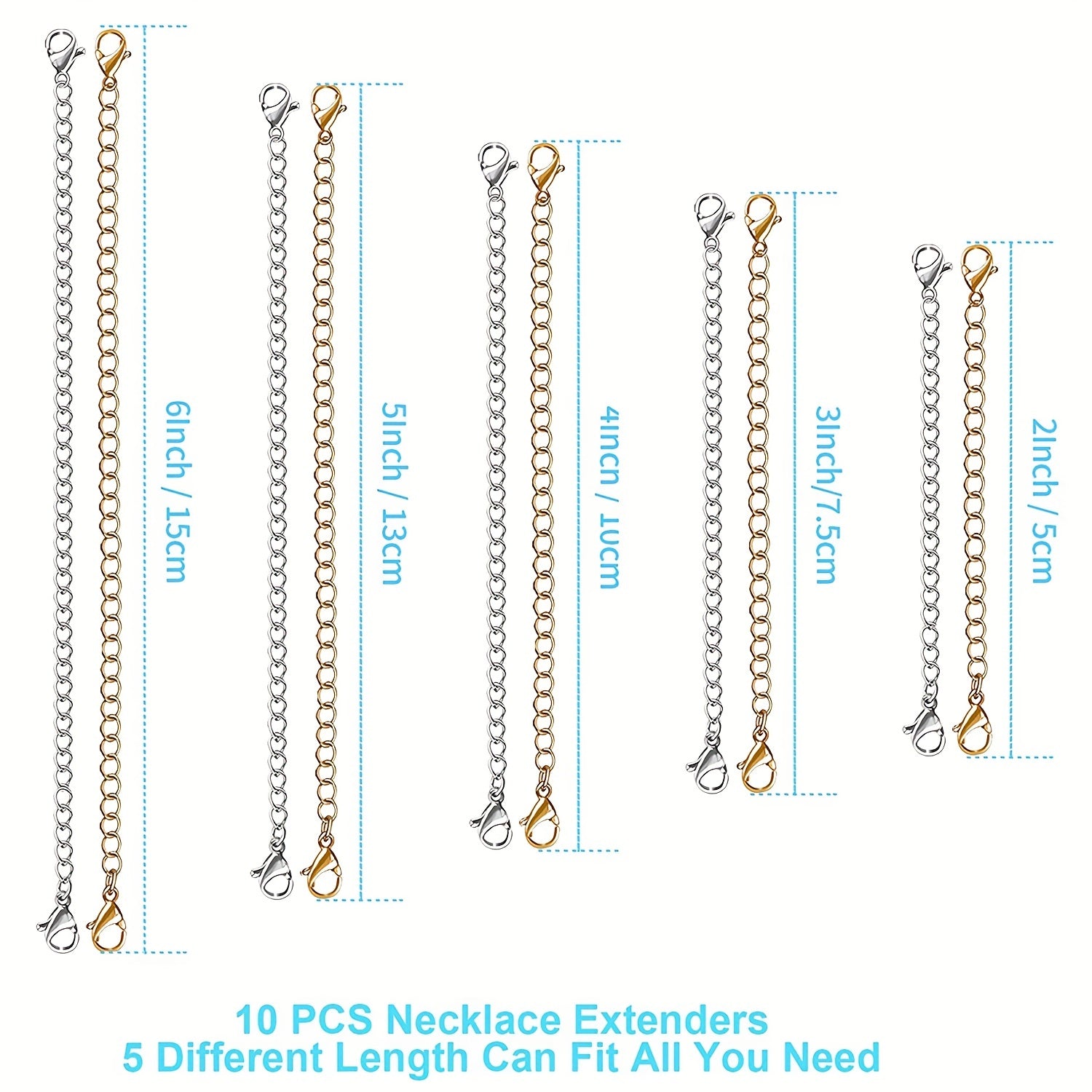 10Pcs Necklace Chain Extenders Golden and Silvery Stainless Steel Jewelry Chains