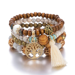 Boho Tree & Tassel Charm Beaded Bracelet Set