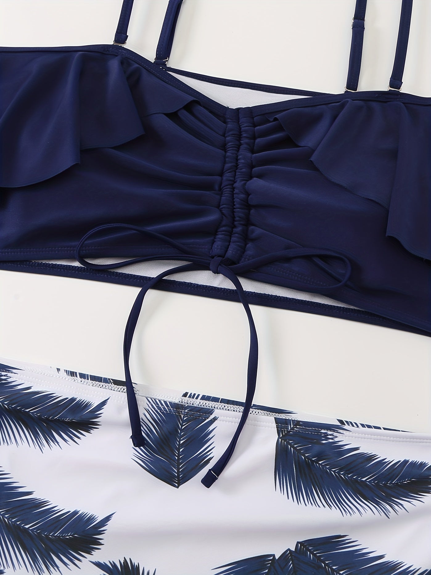 Colorblock Tropical Print Drawstring Bikini Set