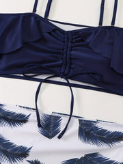Colorblock Tropical Print Drawstring Bikini Set