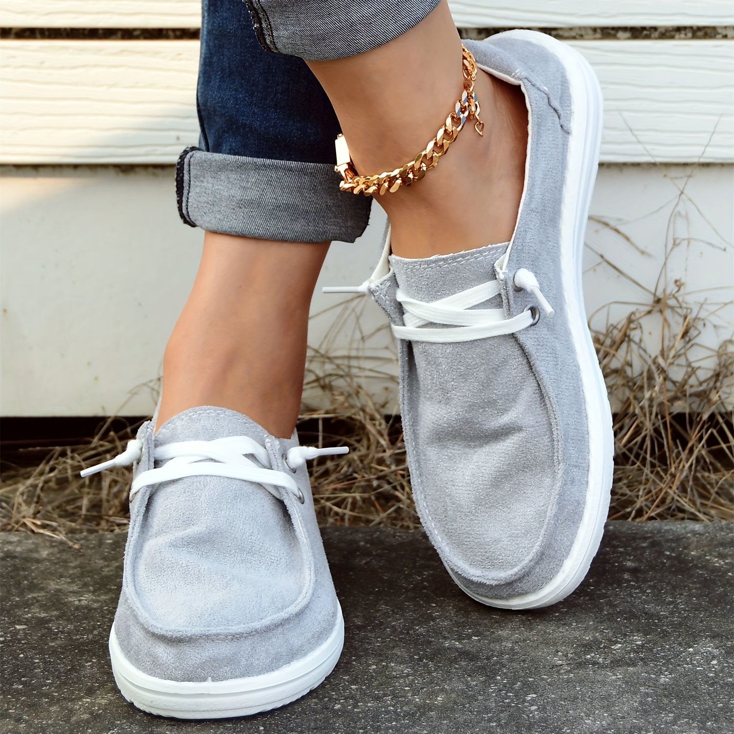 Women's Gray Boat Shoes Slip-On Walking Sneakers