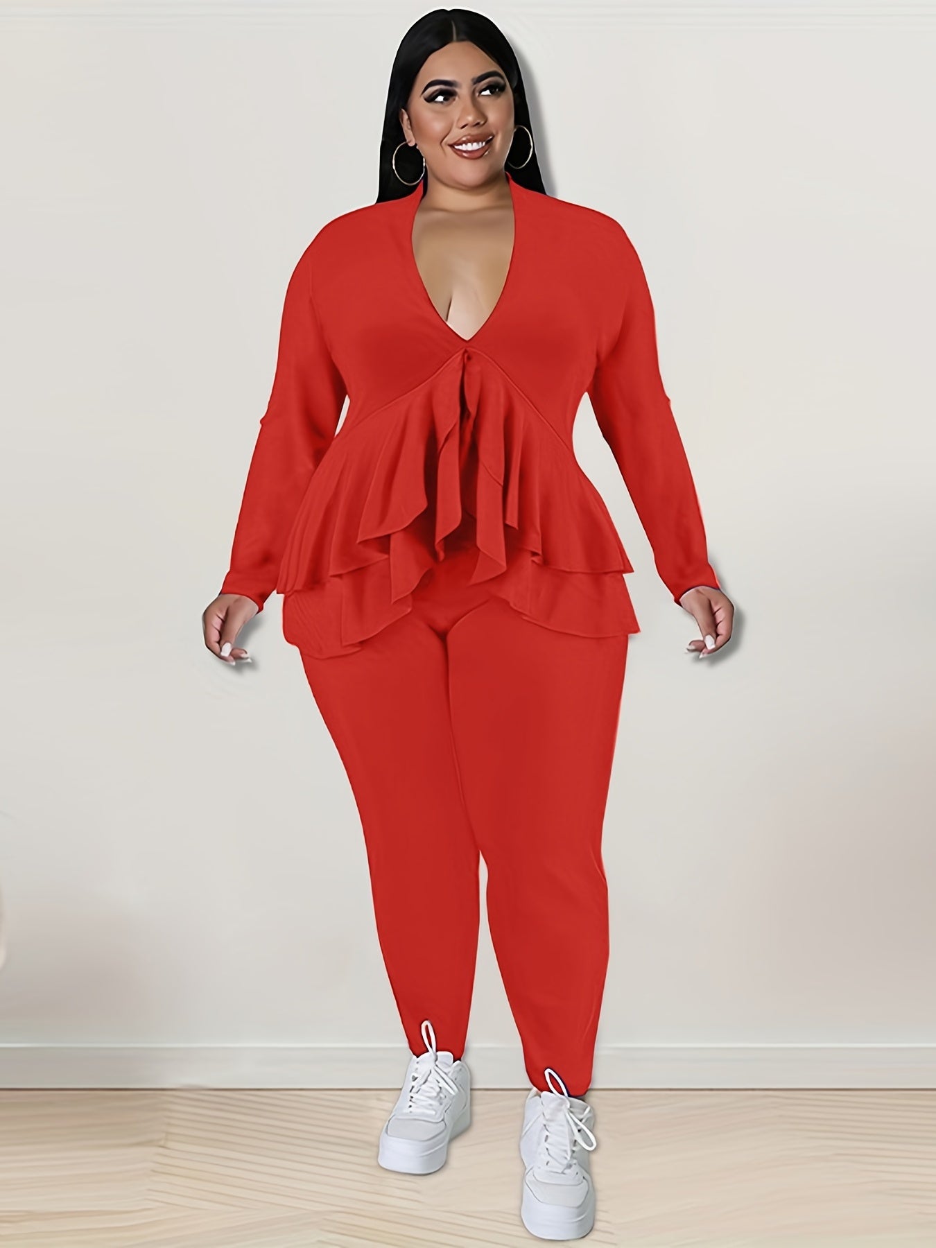 2 Piece Set Solid Long Sleeve V Neck Top & Pants Outfit