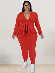 2 Piece Set Solid Long Sleeve V Neck Top & Pants Outfit