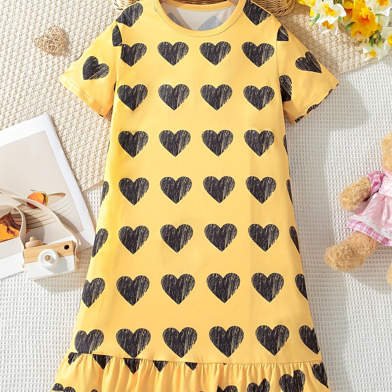 Girls Heart Print PJ Nightdress Short Sleeve Yellow Dress
