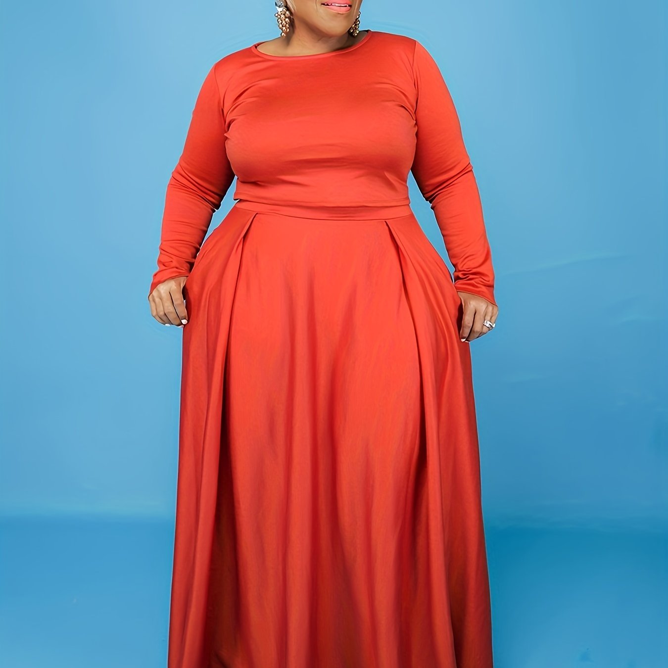 Women's Plus Solid Long Sleeve Top & Maxi Skirt Set