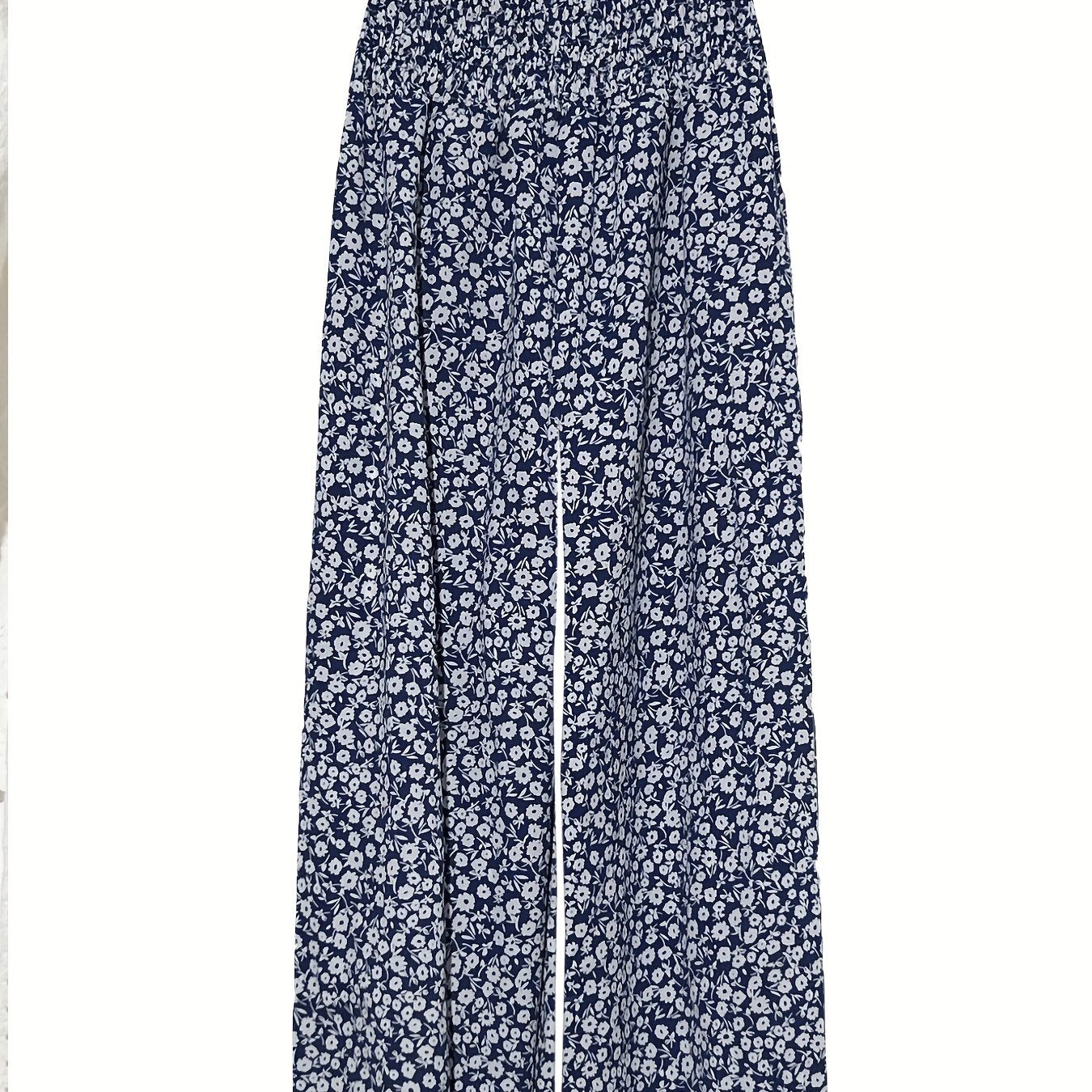 Floral Print Shirred Pants Wide Leg High Waist
