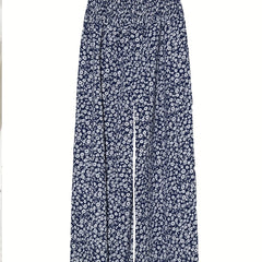 Floral Print Shirred Pants Wide Leg High Waist